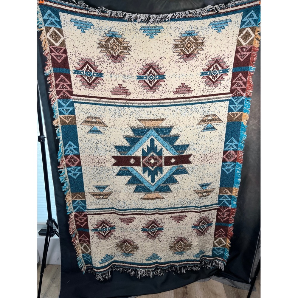 Vintage Southwestern Tribal Woven Throw Blanket Fringed Turquoise Cream 47"x68"